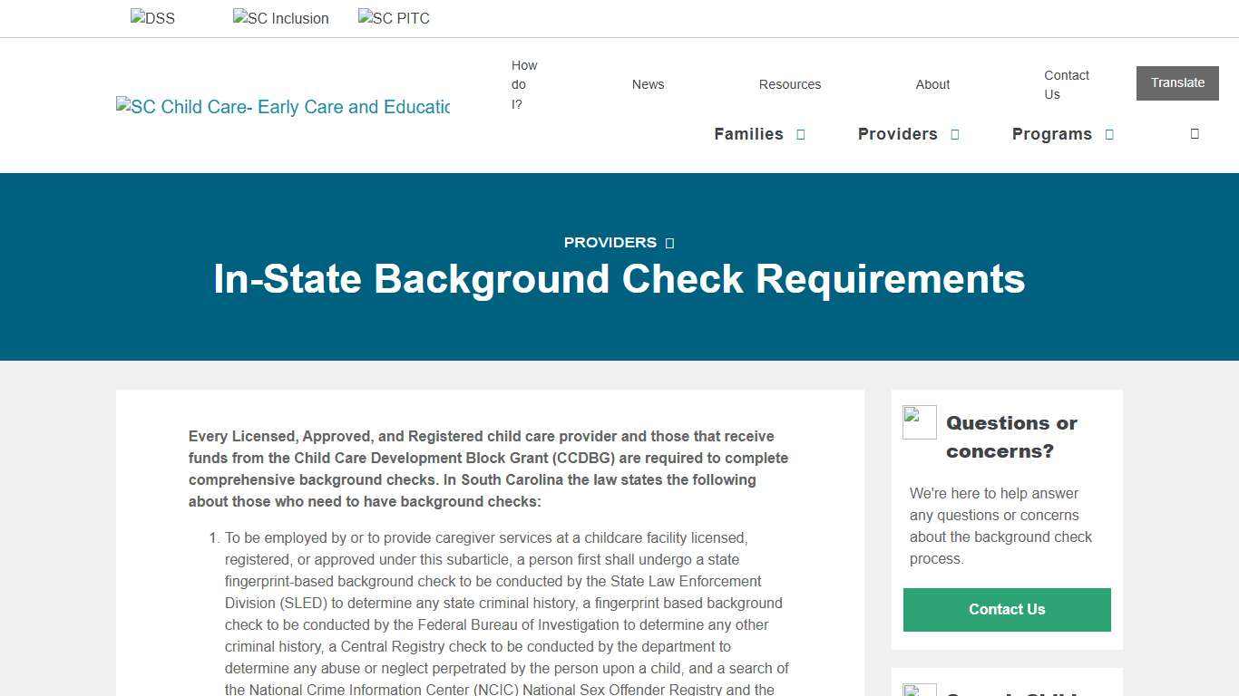 In-State Background Check Requirements - SC Child Care Services