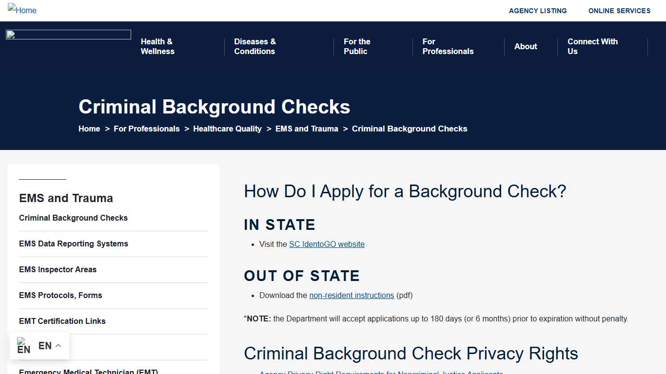 Criminal Background Checks | South Carolina Department of Public Health